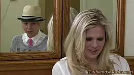 Big tit lesbian licks her box