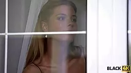 Big gentleman and tender creature Chrissy Fox in black on white scene