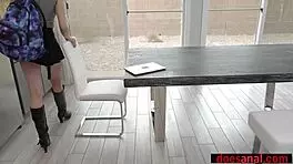 Busty frustrated babe wakes up her bf for a rough anal fuck.