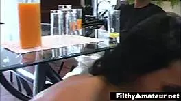 A stunning young 18+ brunette handles two cocks in wild orgy