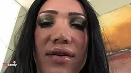 busty transsexual teases with her hard cock solo