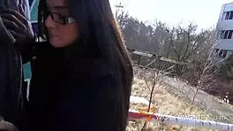 Lullu Gun intensely spit roasted outdoors by two filthy interracial fuckers