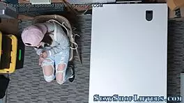 teen thief got caught on hidden cam and ended up tugging for a sticky cum facial.