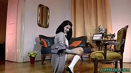 this teen brit rides old man in uniform, blows him while wearing stockings 😈