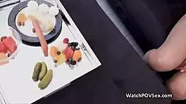 Blindfolded girlfriend tastes cock