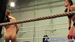 Busty European babes wrestle naked in the ring for dominance