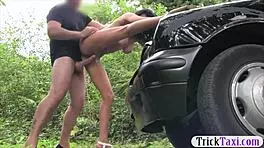 Natural Tits Passenger Drilled Hard By Fake Driver In Public!