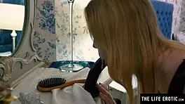 Horny blonde rides huge black dildo doggy! 😈