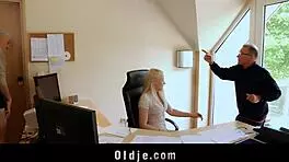 Old businessman enjoys hot blonde secretary in steamy threesome action