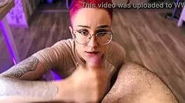 Pov blowjob from cute tattooed teen with glasses.