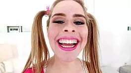 Lily Ford, 19yo cutie with pigtails, takes huge cock for pov blowjob and swallows massive load