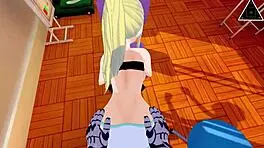 Blonde teen gives intense fast handjob to monster cock in anime.