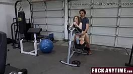 Weights training turns into a deep dick massage for teen 18+s, ending with riding and blowjob in the gym.