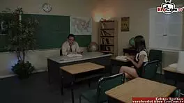 Hairy brunette student with small 18+ tits seduces in classroom