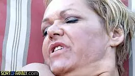 Real blonde stepteen mounts dick outdoors in taboo reality with mother-in-law and cougar amateurs.