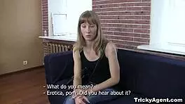 Tricky agent helps blond student sonja find cash with blowjob and sex.