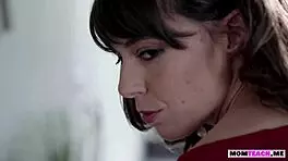 Milf passionately kisses teen 18+ maid while stepson watches. Their petite bodies entwine in forbidden pleasure.