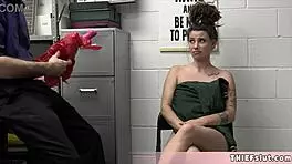 petite brunette thief indica flower caught hiding sex toys, bent over for rough shop fuck