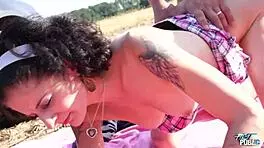 Taxi Ride Takes Curly Haired Babe To Outdoor Fields For Fucking
