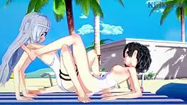 Miku Kohinata and Laura Bodewig engage in sexy lesbian play in this hentai scene 😘