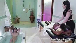 Enjoy this interracial threesome pussy massage at the spa