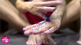 Girl Plays With Glitters And Footjob Big Dildo - Foot Fetish