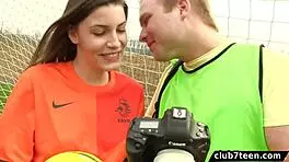 Teen Female Footballer Sucks And Fucks Photographer Outdoors, Ending With Cumshot