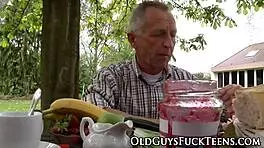 Sweet teen fucks senior outdoors in old and young contrast