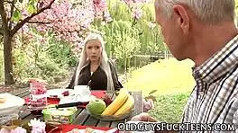 Sweet teen fucks senior outdoors in old and young contrast