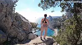 Public erotica with stunning Russian teen flashing ass by sea and mountains