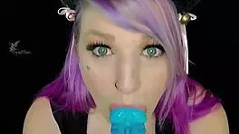 Tiny teen takes huge toy blowjob