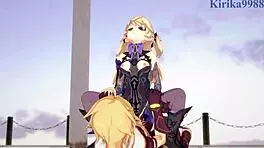 Amber and Fischl Fuck Aether in Genshin Hentai