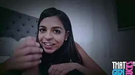 Petite latina teen 18+ gives sloppy blowjob to big cock in pov