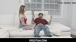 Huge boobs blonde stepsister Aria Kai fucked to orgasm by stepbrother during Super Bowl