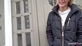 German scout picks up Berlin fitness tattoo model Sandy for street casting sex for cash.