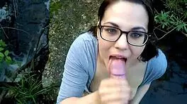 Gave a public blowjob while strollin’ in the woods, gosh, almost got caught!