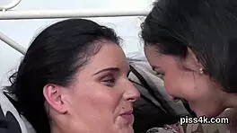 cute lesbo teens getting pee splashed and blasting wet cunts in garage fetish play