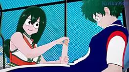 tsuyu asui, kyoka jiro, and izuku midoriya in wild hentai sex - my hero academia