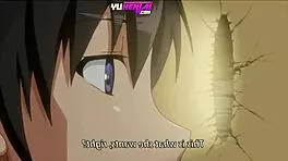 Glory hole action through stepsister's wall in hentai cartoon.