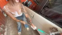 Teen Car Washer Takes Big Cock Deep in Throat While Fucked in Forest