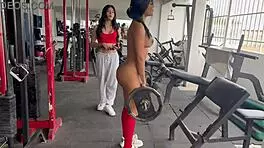 Transgender Trainer Commands Naked Squats in Gym with Big Tits and Tight Pussy Worship