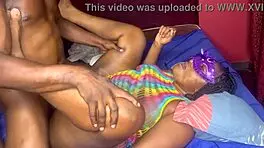 Bestie threesome has two sexy African sluts getting rough bareback doggystyle, ending with huge cumshots on fat asses
