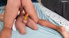 toy for both, he bangs her tight pussy while riding trans sex doll’s cock