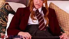 British 18-year-old redhead student fucks her tight cunt in taboo old-young encounter