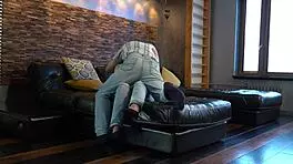 Horny gray-haired daddy bends his young stepdaughter over for a hard fuck with footjob action.