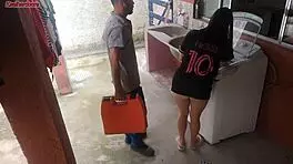 Married housewife pays washing machine technician with her ass while husband is away