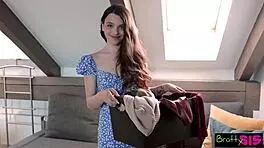 Petite step-sis ohana gets deepthroat and cum facial from stepbro in kitchen