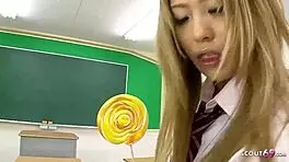 I’m so nervous, but this curvy Japanese teen needs her first creampie in class.