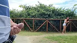 risky handjob on the street, redhead teen catches me masturbating 😏