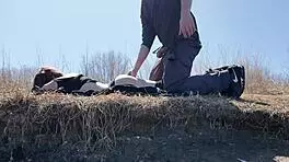 step daughter learning to fish in forest with moans